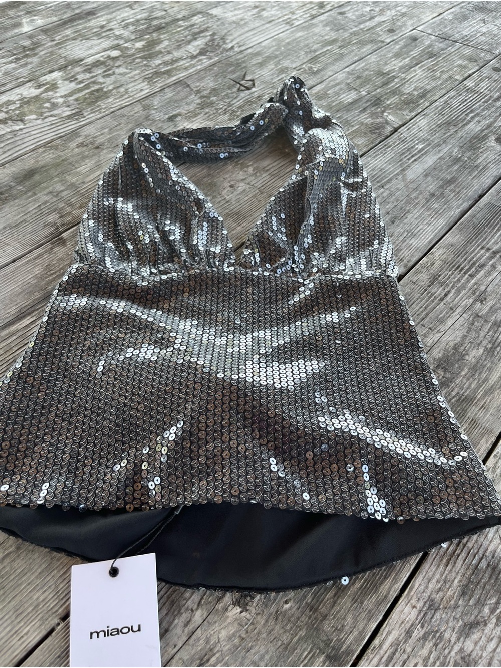 Miaou Silver black Sequin Halter Top, NEW WITH TAGS SZ SM